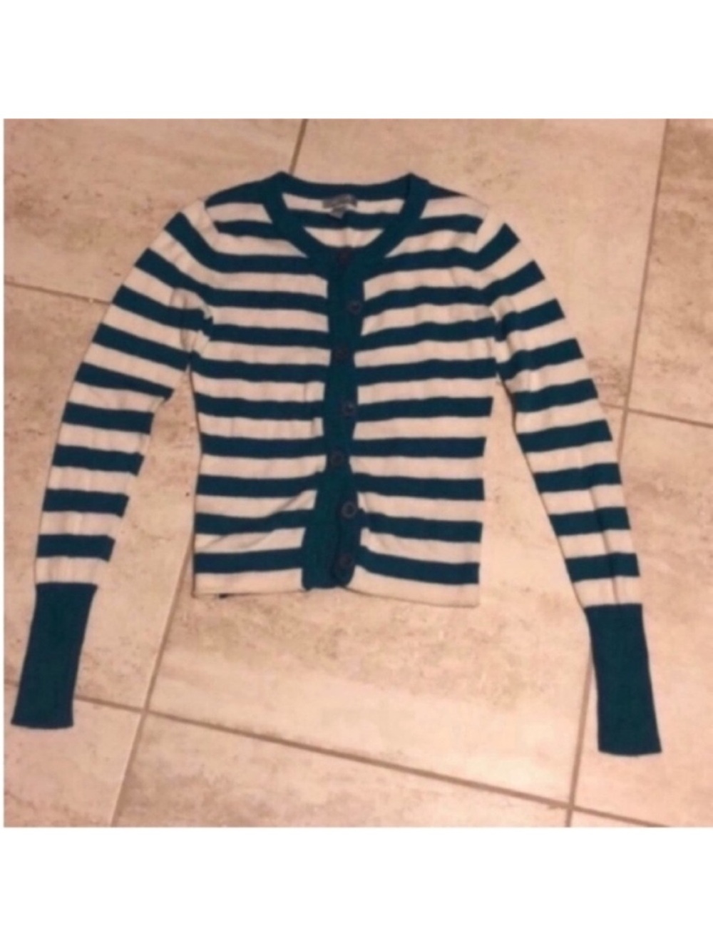 Delias Teal striped cream wool blend button down Cardigan sweater medium M